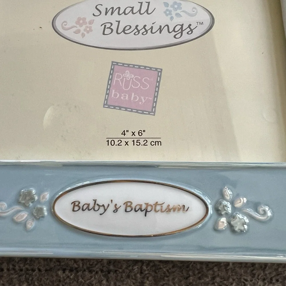 Russ Baby Small Blessings Ceramic Picture Frame Babys Baptism Blue White 4x6